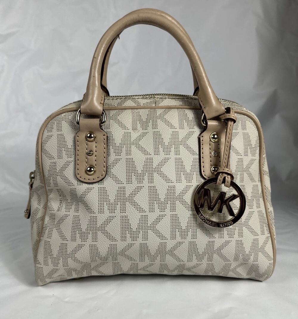 Michael Kors Beige Brown Logo Tote Bag with Gold Hardware & Bag Charm Accent
